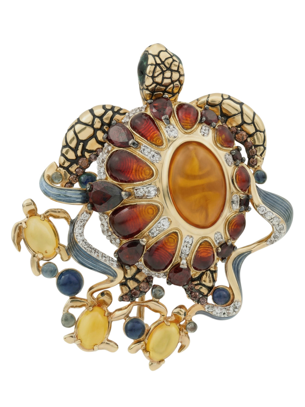 Брошь из лимонного золота c эмаль , фианитом, гранатом и янтарём