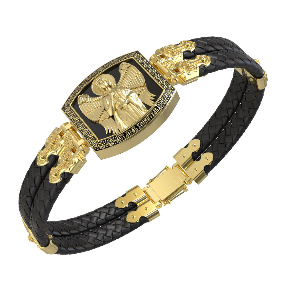 Браслет из лимонного золота c эмаль , шнурком и ониксом