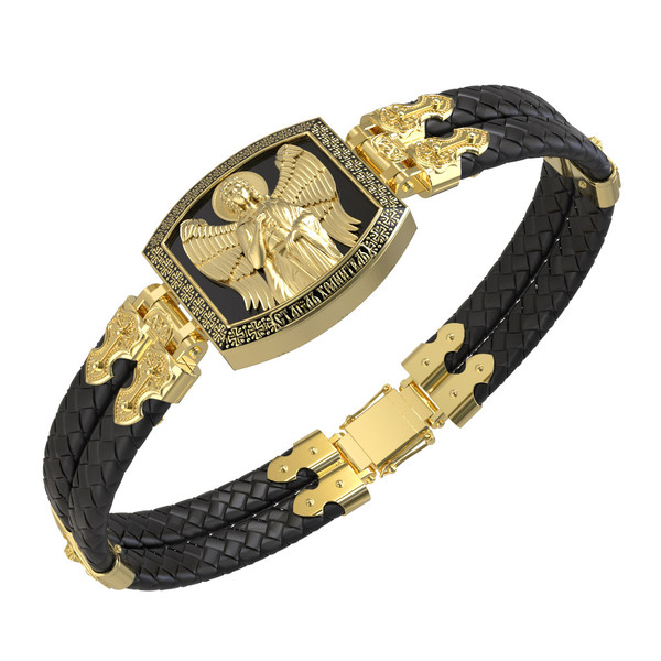 Браслет из лимонного золота c эмаль , шнурком и ониксом