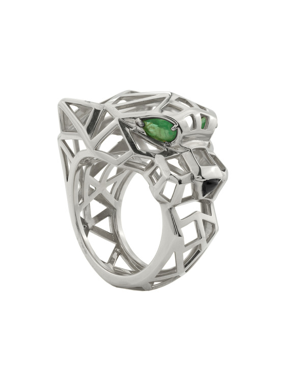 Кольцо из белого золота c изумрудом и ониксом