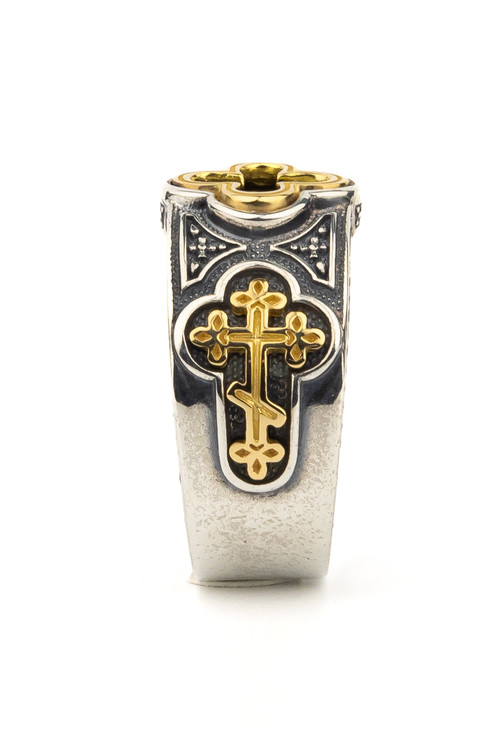 Кольцо из серебра и золота c ониксом и рубином