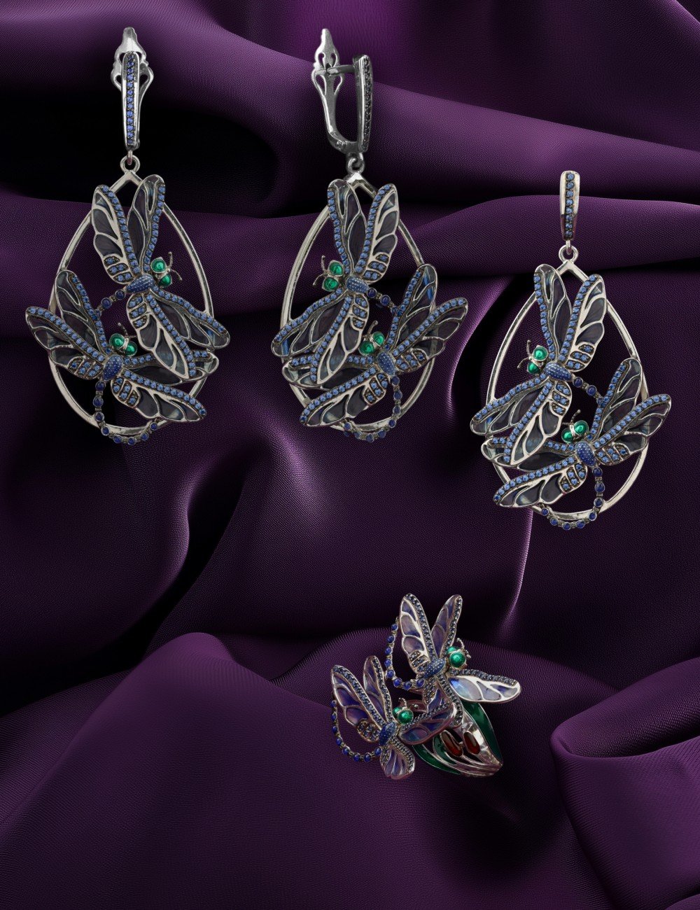 Кольцо из белого золота 585 пробы c сапфиром и эмалью