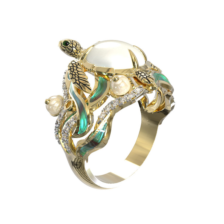 Кольцо из лимонного золота c эмаль , бриллиантами, жемчугом и перламутром