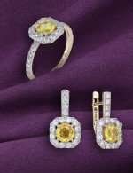 Серьги из лимонного золота 585 пробы c бриллиантами и сапфиром