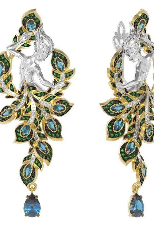 Серьги из лимонного золота 585 пробы c фианитом и топазом London Blue