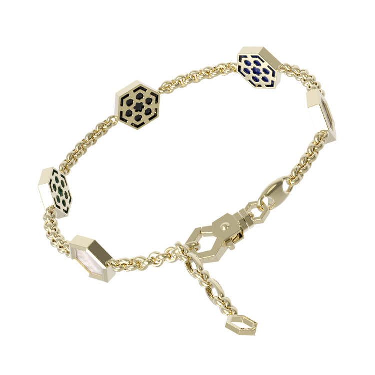 Браслет из лимонного золота c ониксом, лазуритом, малахитом и перламутром