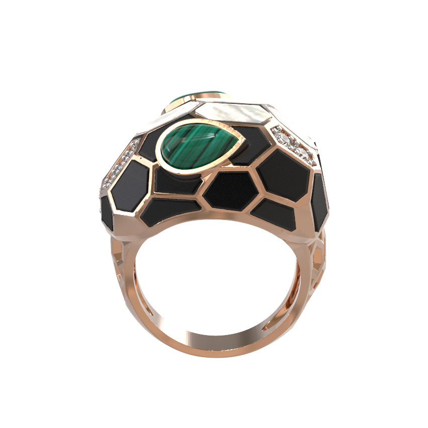 Кольцо из золота c бриллиантами, рубином, ониксом, малахитом и перламутром