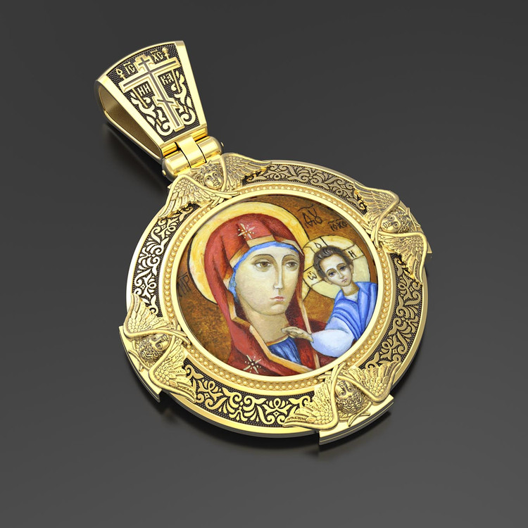 Образок из лимонного золота c эмаль , иконописью и темперой