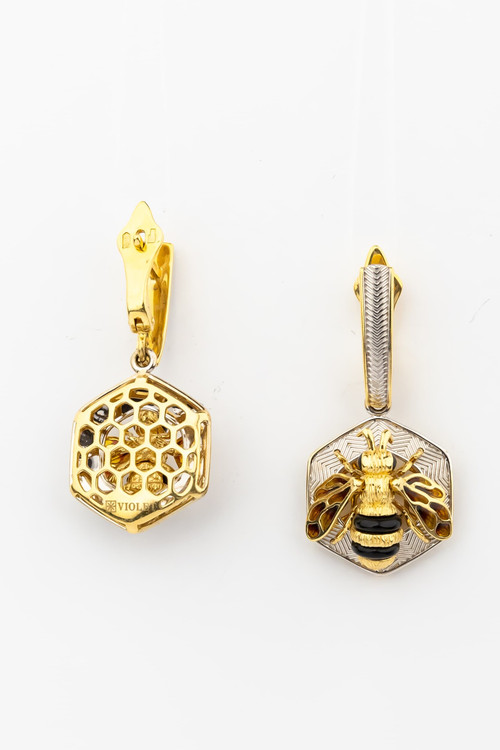 Серьги из лимонного золота c эмаль , ониксом и эмалью