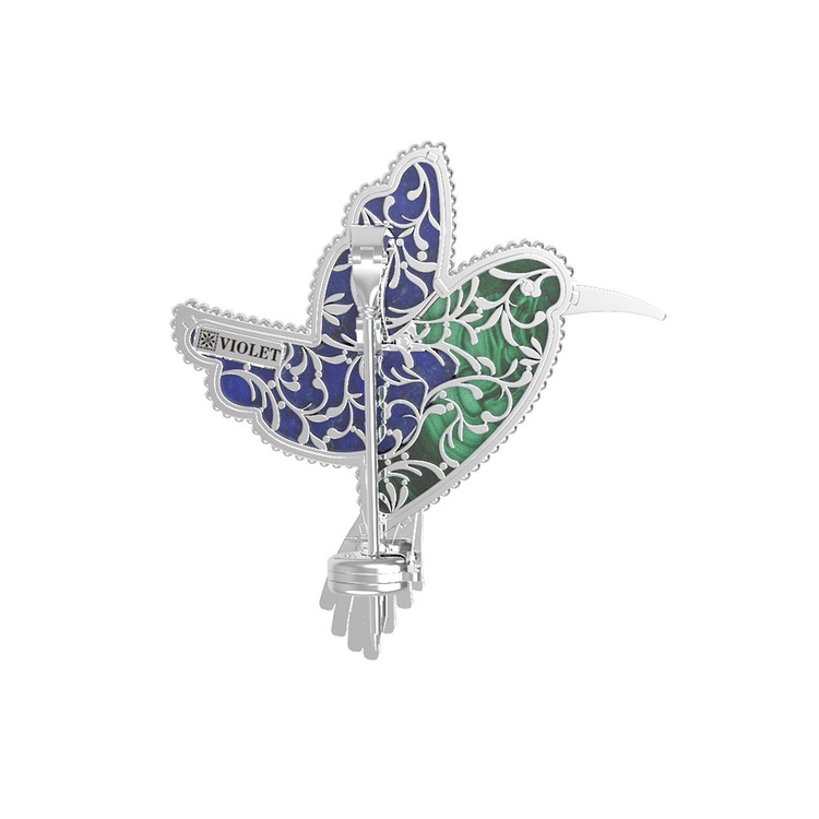 Брошь из белого золота c эмаль , лазуритом и малахитом