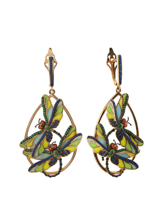 Серьги из золота c сапфиром, изумрудом и эмалью