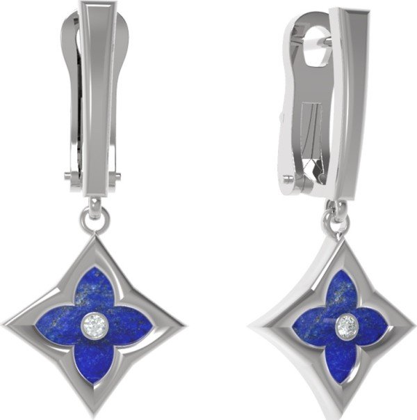 Серьги из белого золота 585 пробы c бриллиантами и лазуритом