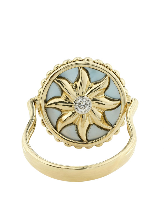 Кольцо из лимонного золота c бриллиантами, лазуритом и перламутром