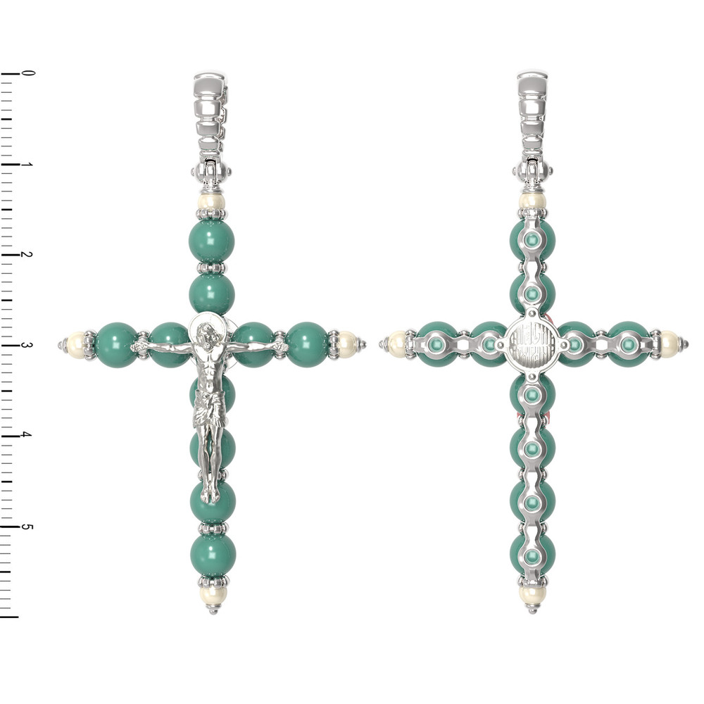 Крест из белого золота c жемчугом и бирюзой