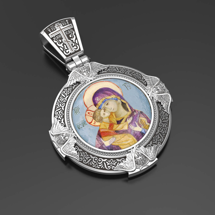 Образок из белого золота c эмаль , иконописью и темперой
