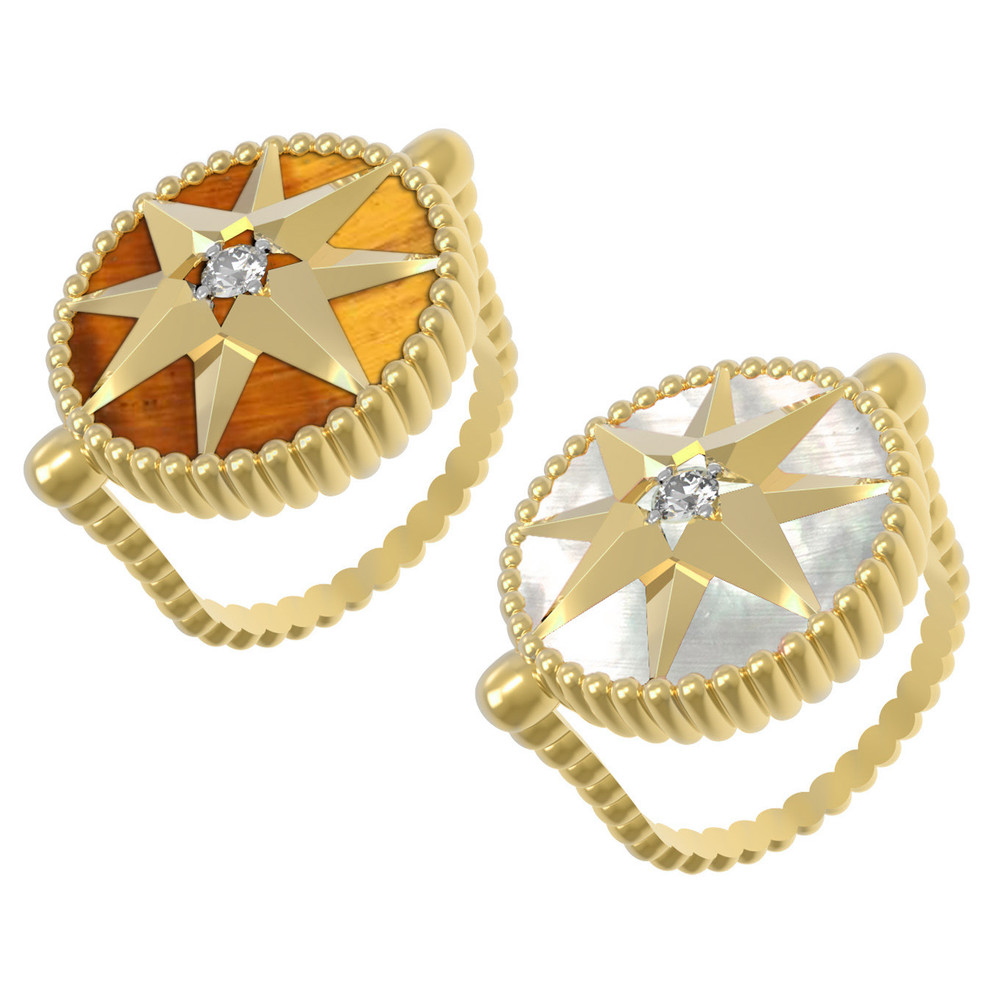 Кольцо из лимонного золота c фианитом, тигровым глазом и перламутром