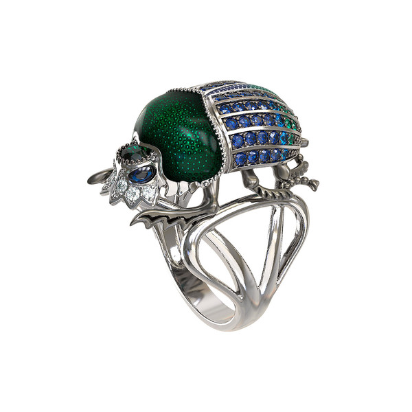 Кольцо из белого золота c эмаль , фианитом и сапфиром