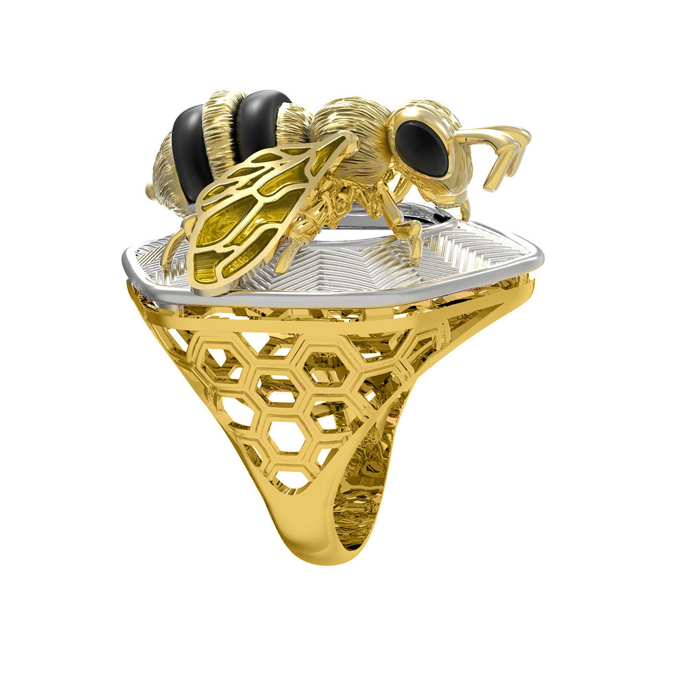 Кольцо из лимонного золота c эмаль , ониксом и эмалью