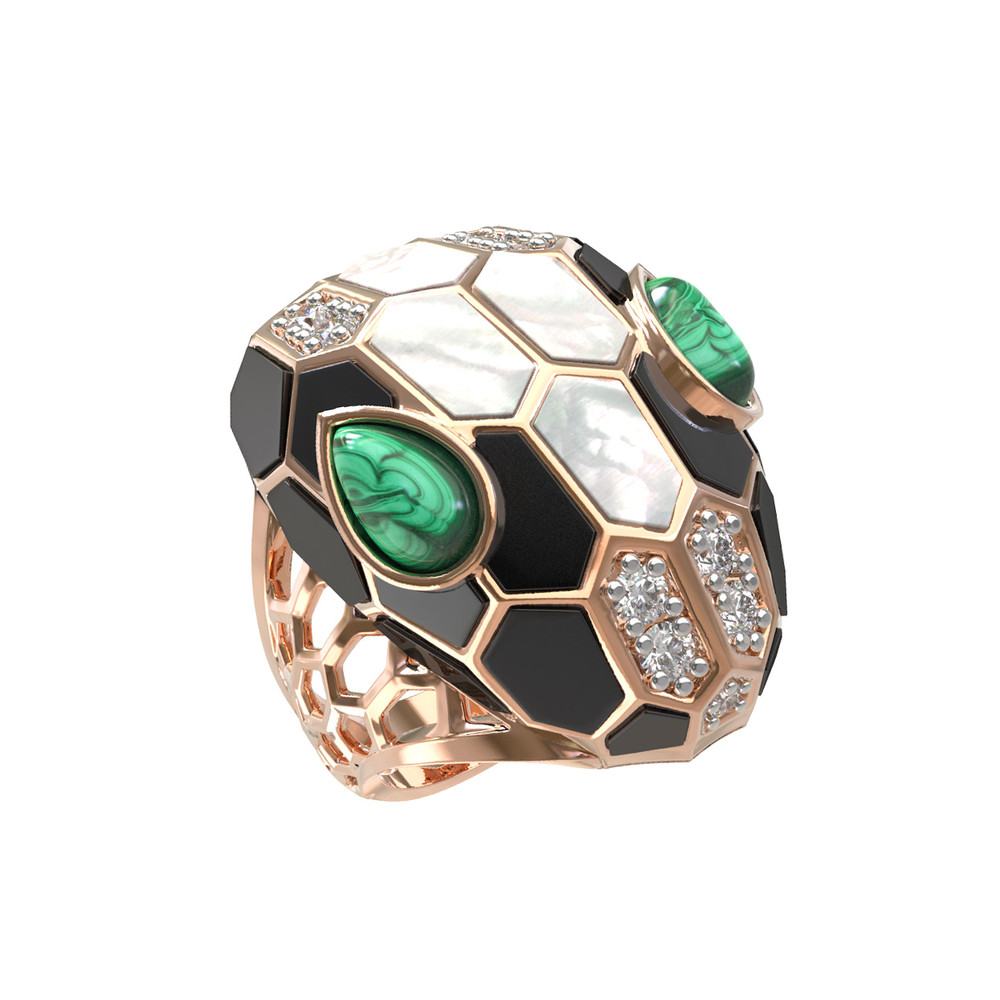 Кольцо из золота c бриллиантами, рубином, ониксом, малахитом и перламутром