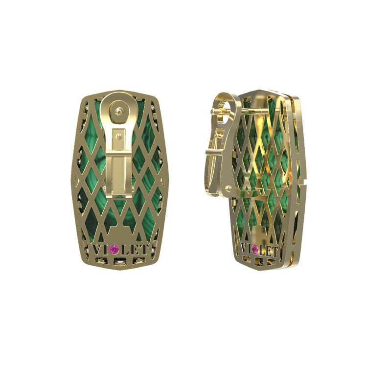 Серьги из лимонного золота c бриллиантами, рубином и малахитом