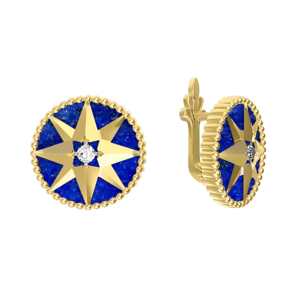 Серьги из лимонного золота c фианитом и лазуритом