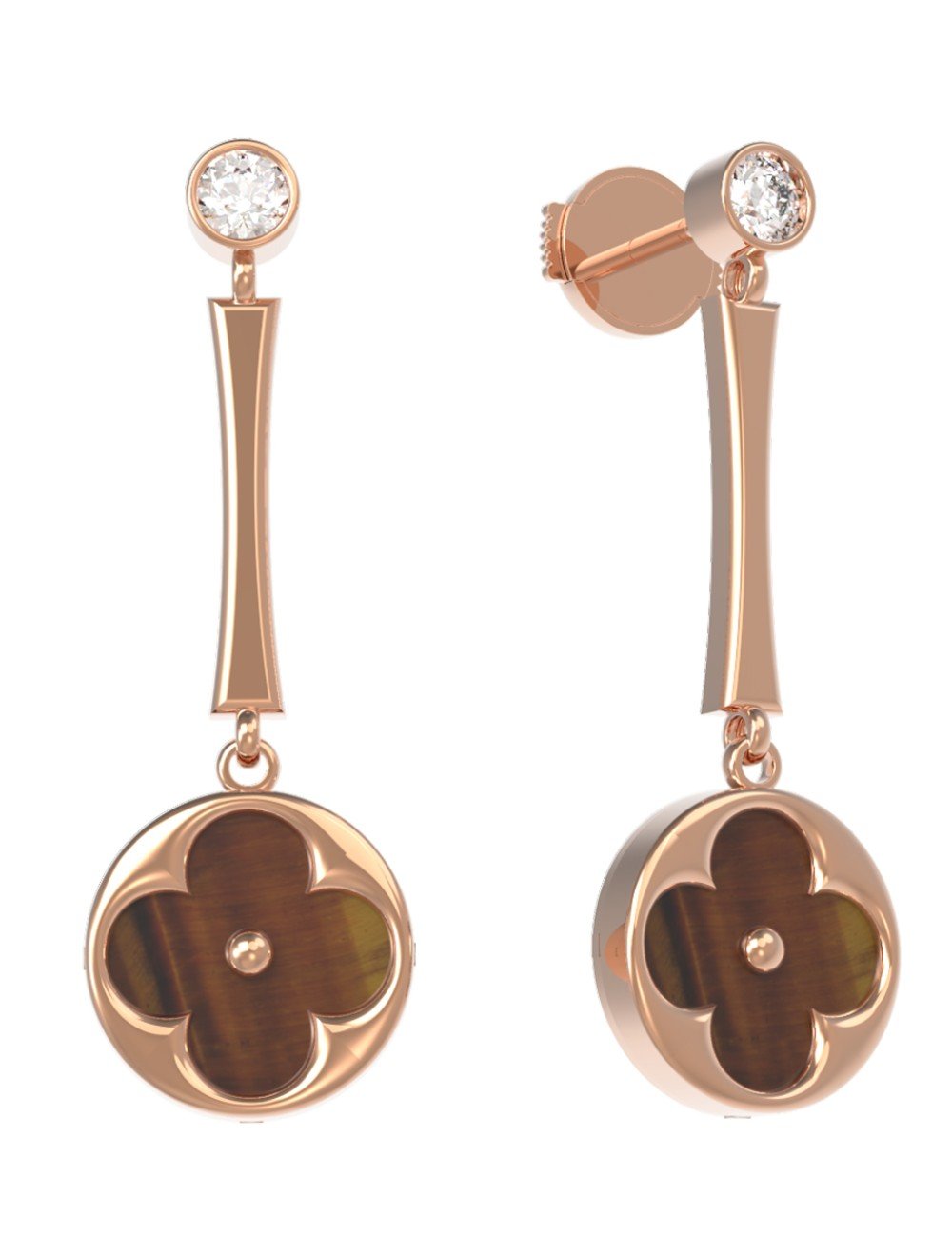 Серьги из золота 585 пробы c фианитом и тигровым глазом