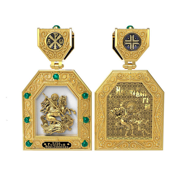 Образок из лимонного золота c эмаль и хризопразом