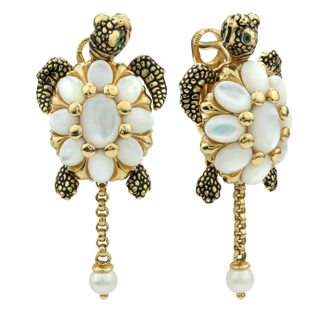Серьги из лимонного золота c эмаль , жемчугом и перламутром