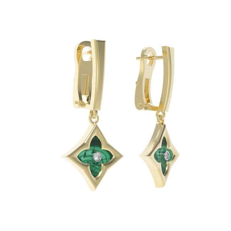 Серьги из лимонного золота c бриллиантами и малахитом