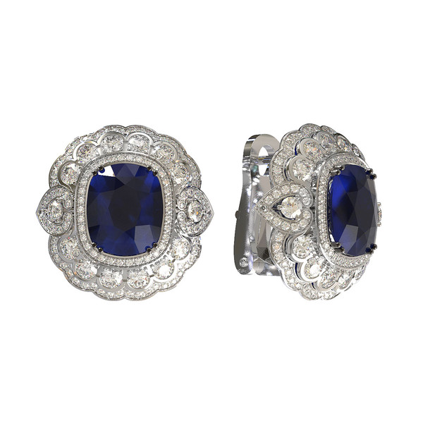 Серьги из белого золота c бриллиантами и сапфиром