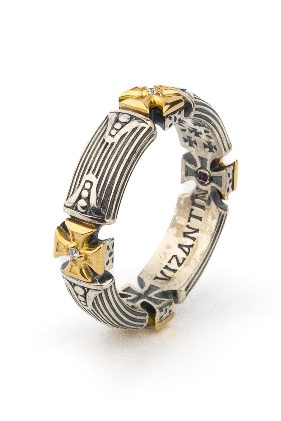 Кольцо из серебра и золота c бриллиантами и рубином