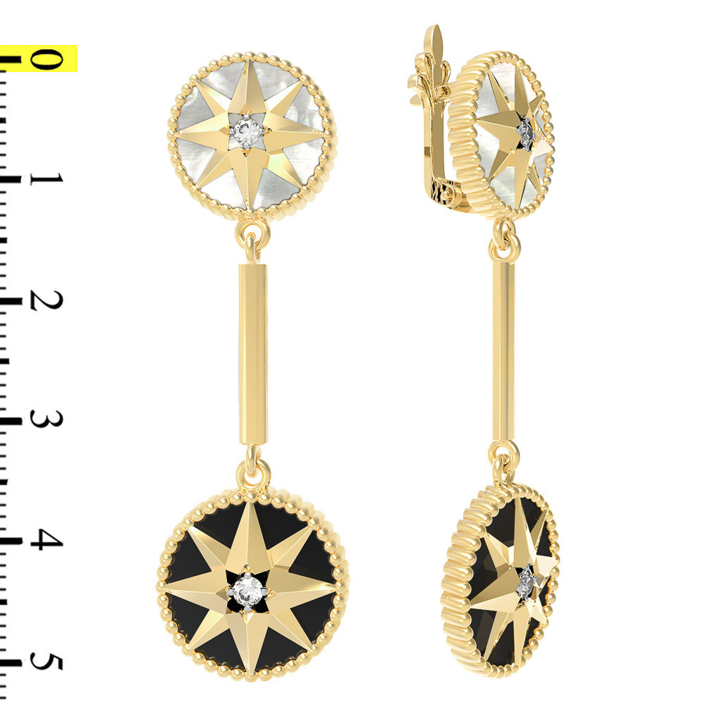 Серьги из лимонного золота c фианитом, ониксом и перламутром