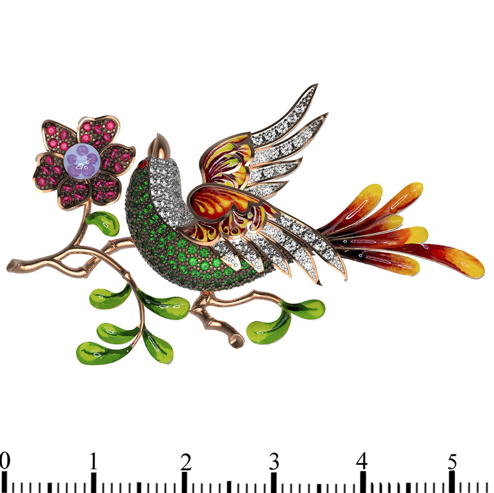 Брошь из золота c эмаль и фианитом