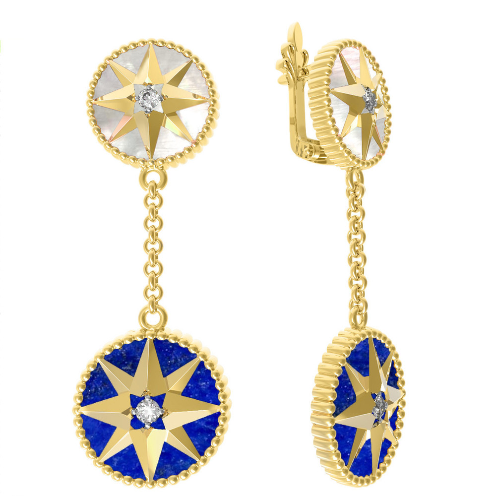 Серьги из лимонного золота c фианитом, лазуритом и перламутром