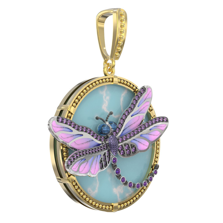 Подвеска из лимонного золота c бирюзой, аметистом и эмалью
