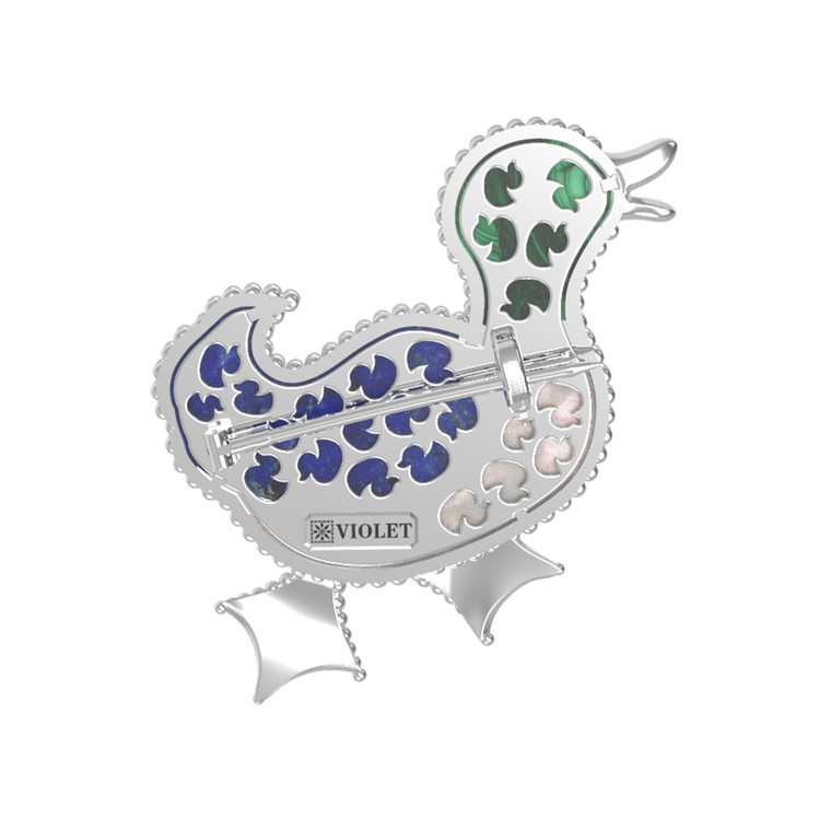 Брошь из белого золота c эмаль , лазуритом, малахитом и перламутром