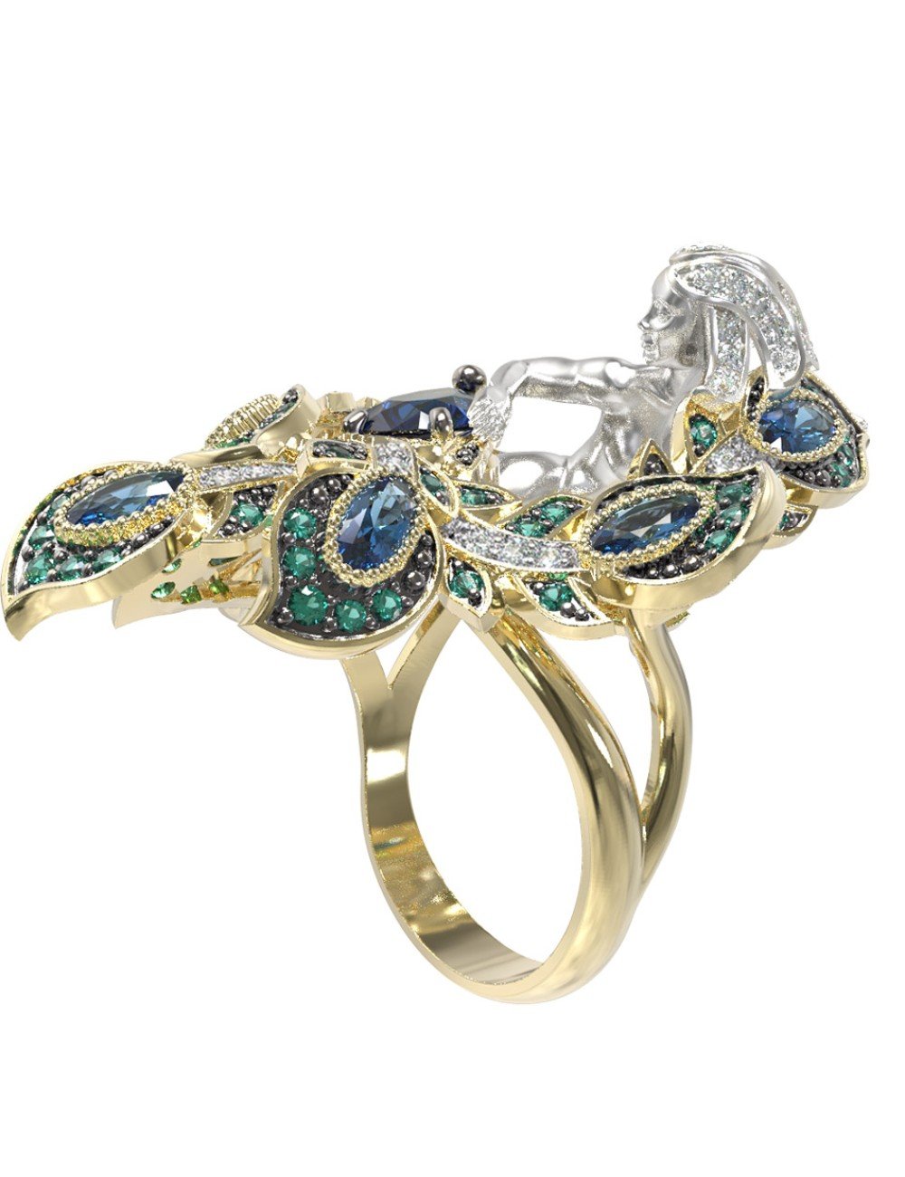 Кольцо из лимонного золота 585 пробы c фианитом и топазом London Blue