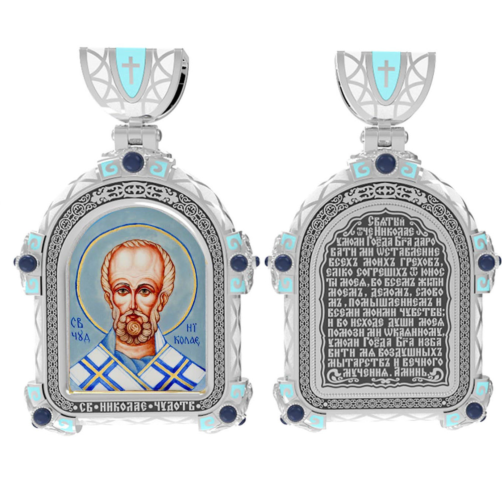 Образок из белого золота c эмаль , иконописью и темперой