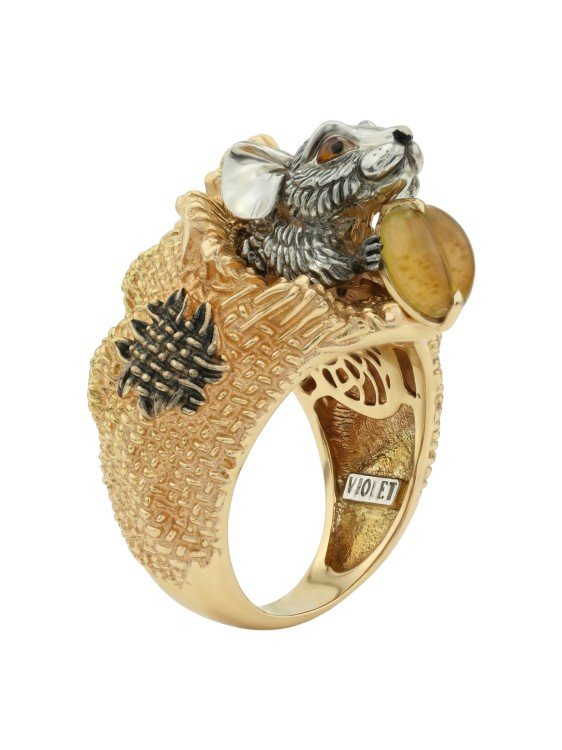 Кольцо из лимонного золота c эмаль и янтарём