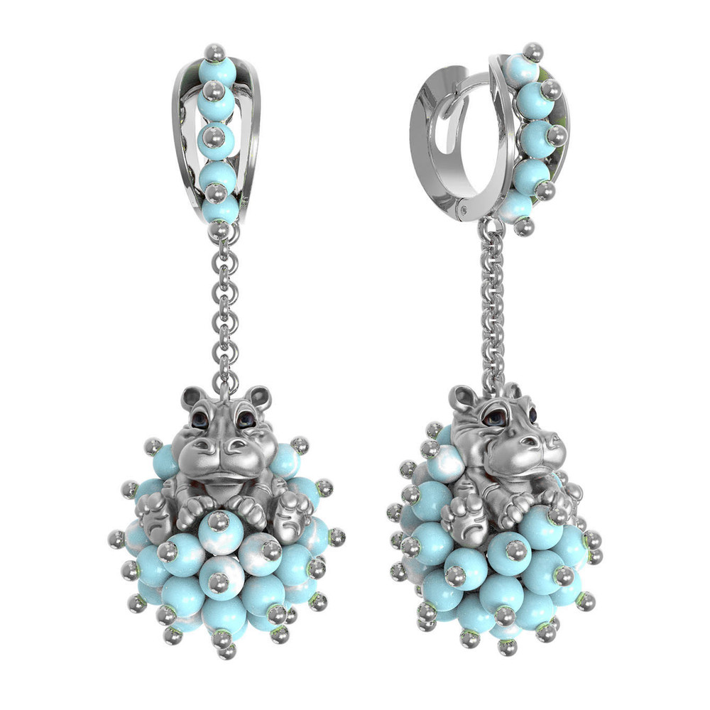 Серьги из белого золота c эмаль и бирюзой