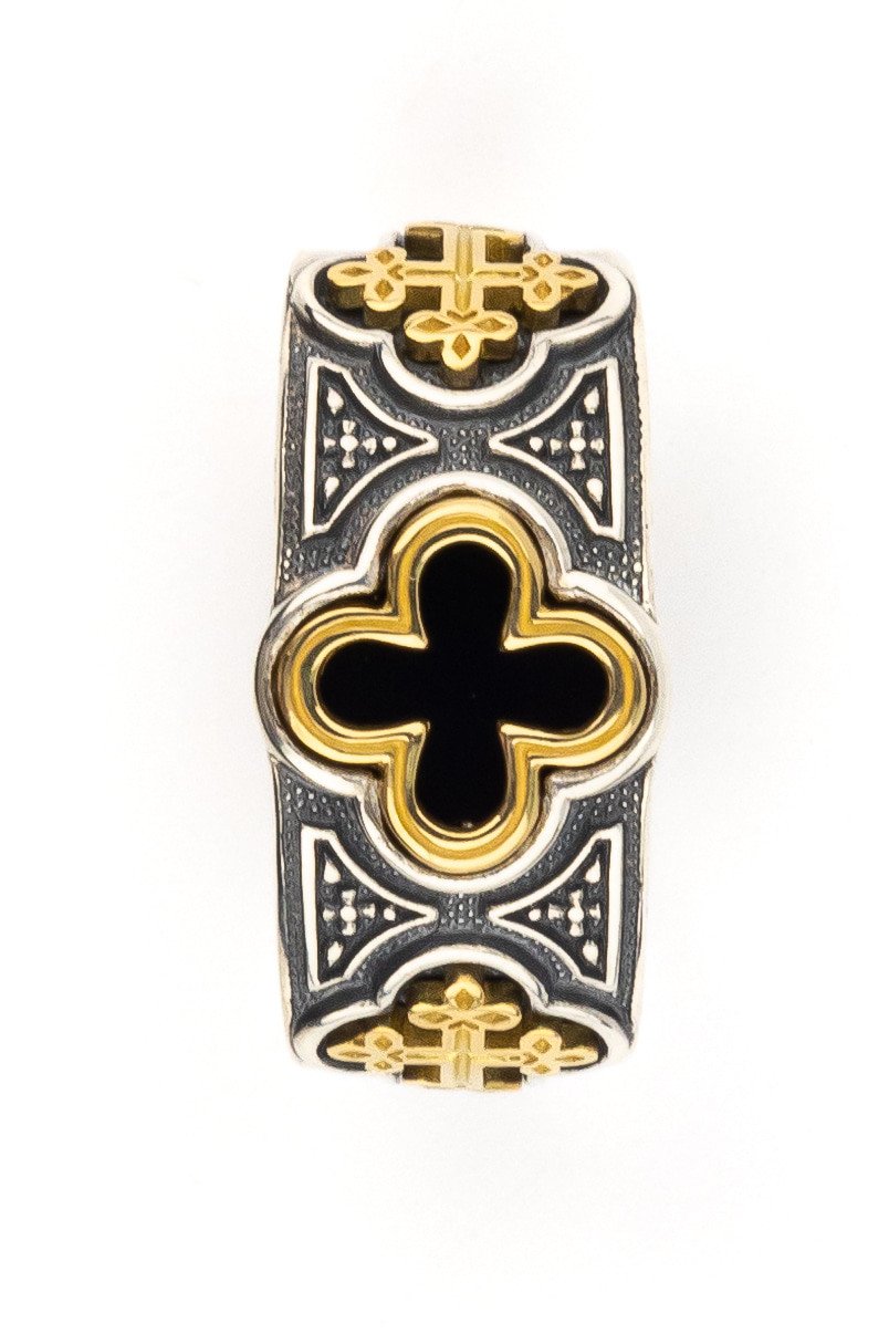 Кольцо из серебра и золота c ониксом и рубином