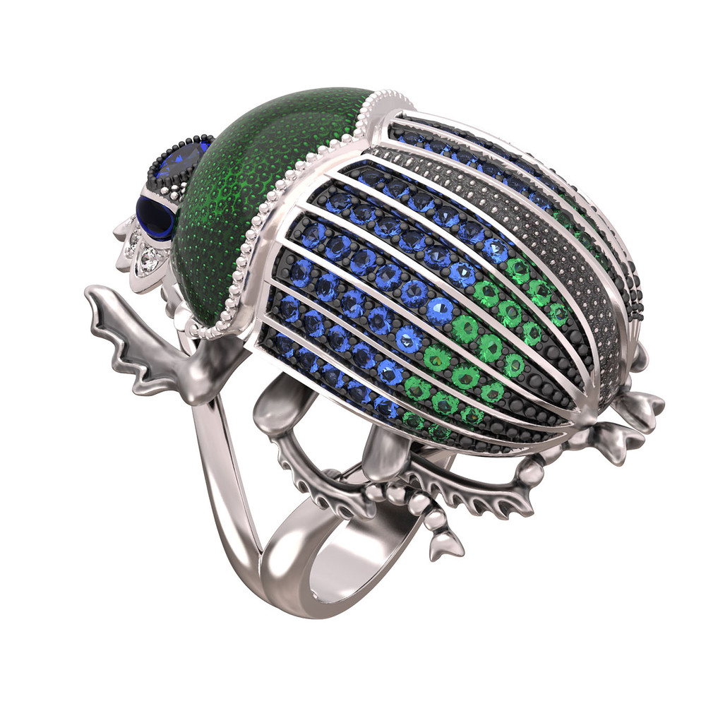 Кольцо из белого золота c эмаль , фианитом и сапфиром