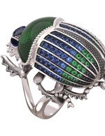 Кольцо из белого золота 585 пробы c эмалью, фианитом и сапфиром