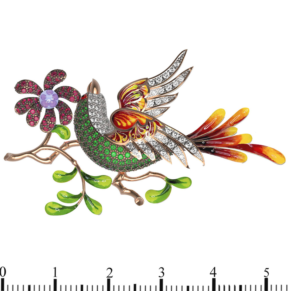 Брошь из лимонного золота c эмаль и фианитом