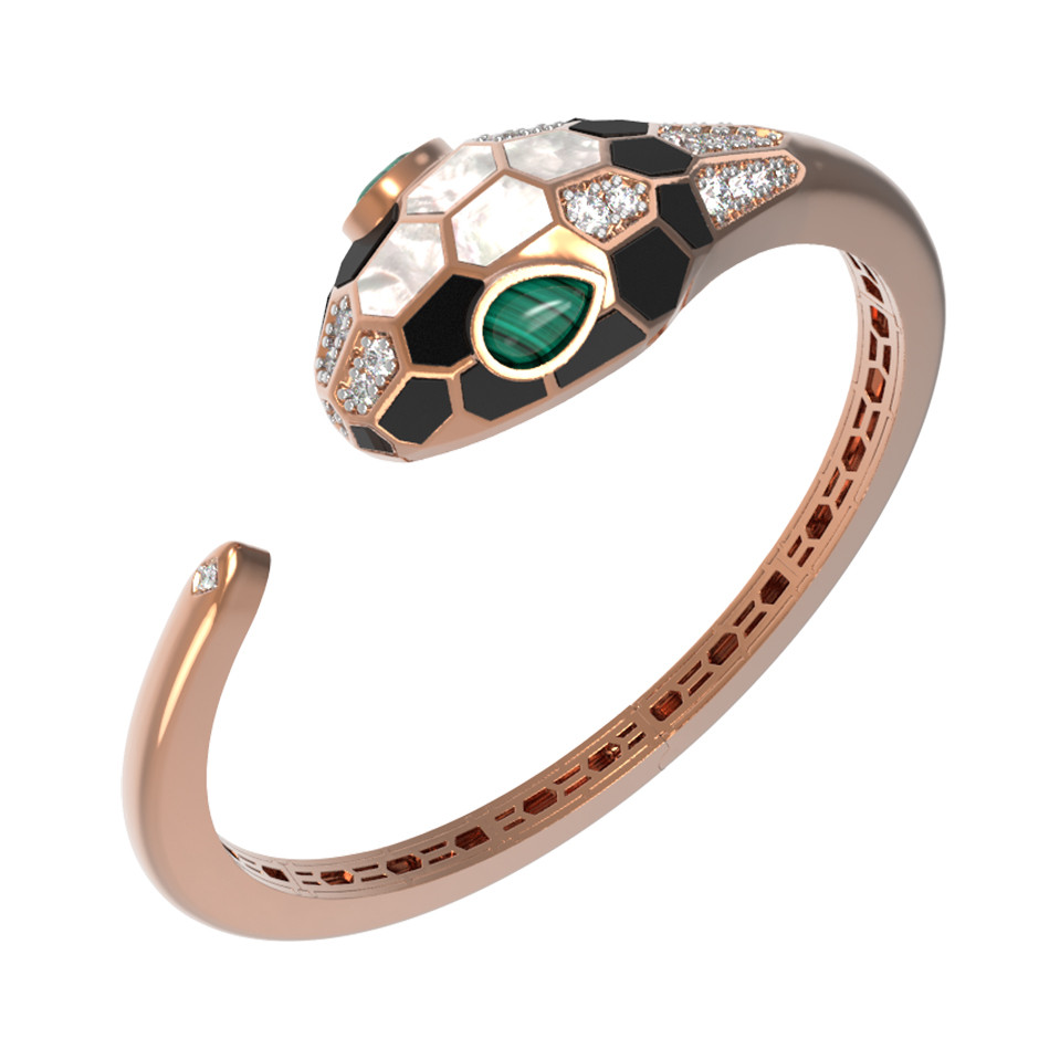 Браслет из золота c бриллиантами, рубином, ониксом, малахитом и перламутром