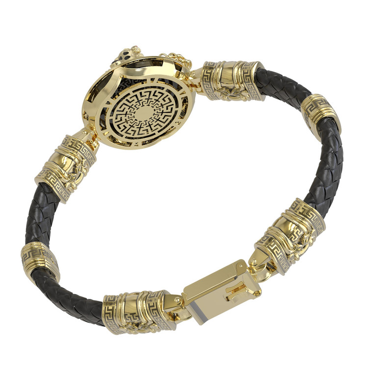 Браслет из лимонного золота c эмаль , шнурком, ониксом и рубином