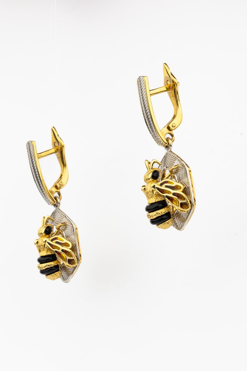 Серьги из лимонного золота c эмаль , ониксом и эмалью