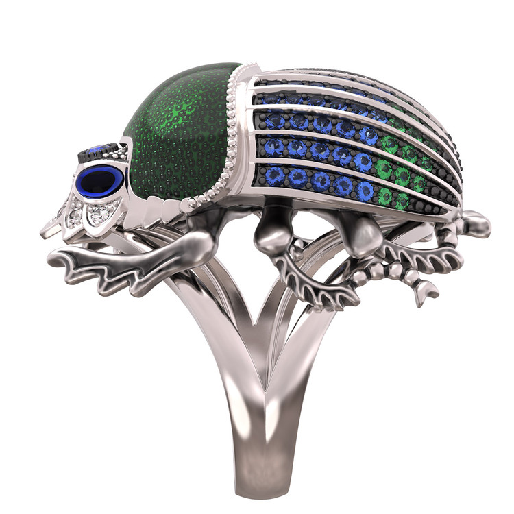 Кольцо из белого золота c эмаль , фианитом и сапфиром