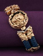 Браслет из золота 585 пробы c эмалью, бриллиантами, кожаным шнурком и ониксом