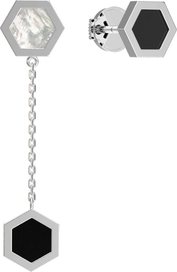 Серьги из белого золота c ониксом и перламутром